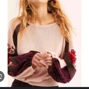 Free People Rose Pink Sweater with Floral Sleeves